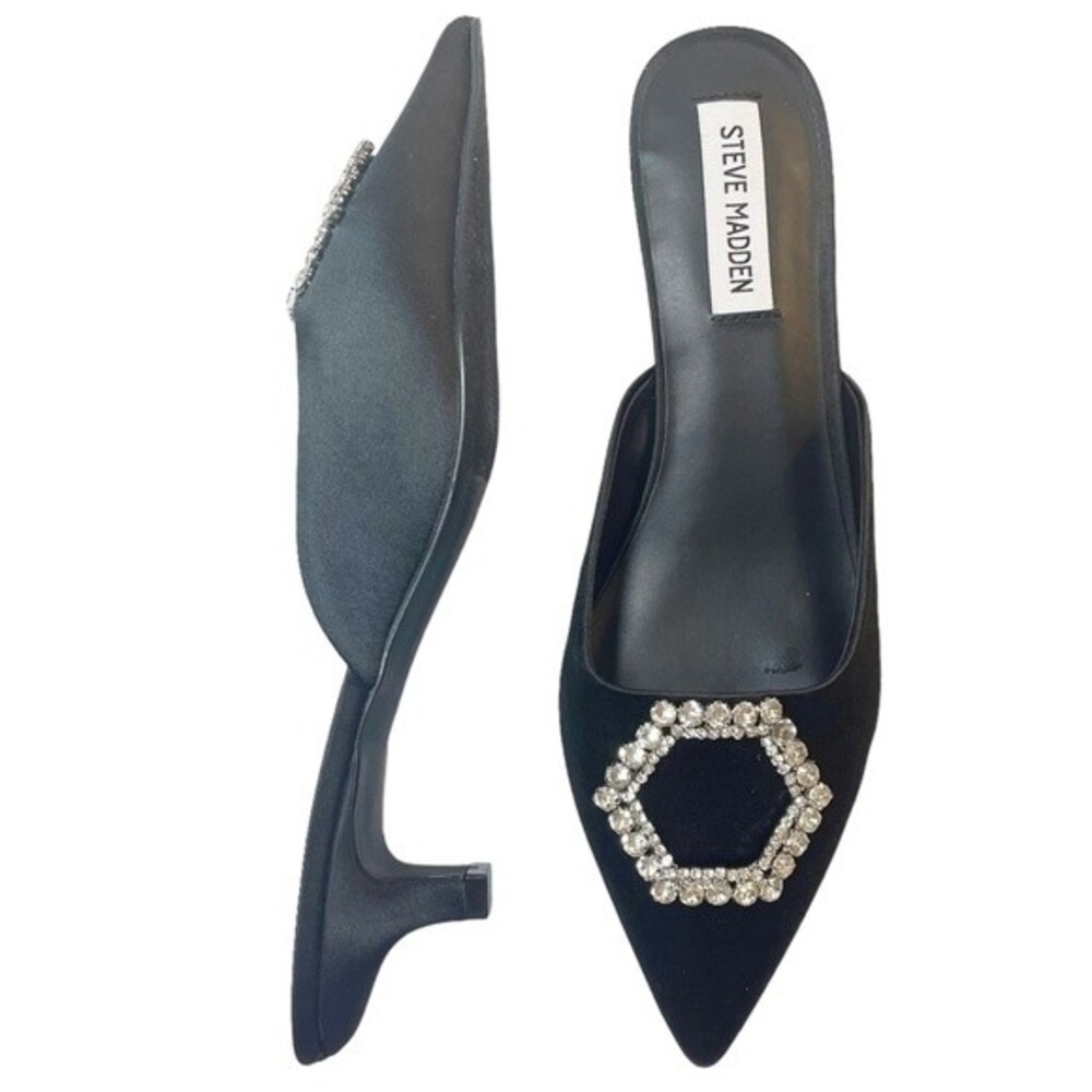 NWT Steve Madden Kees Black Satin Rhinestone Buckle Kitten Heel Mule Size 8.5